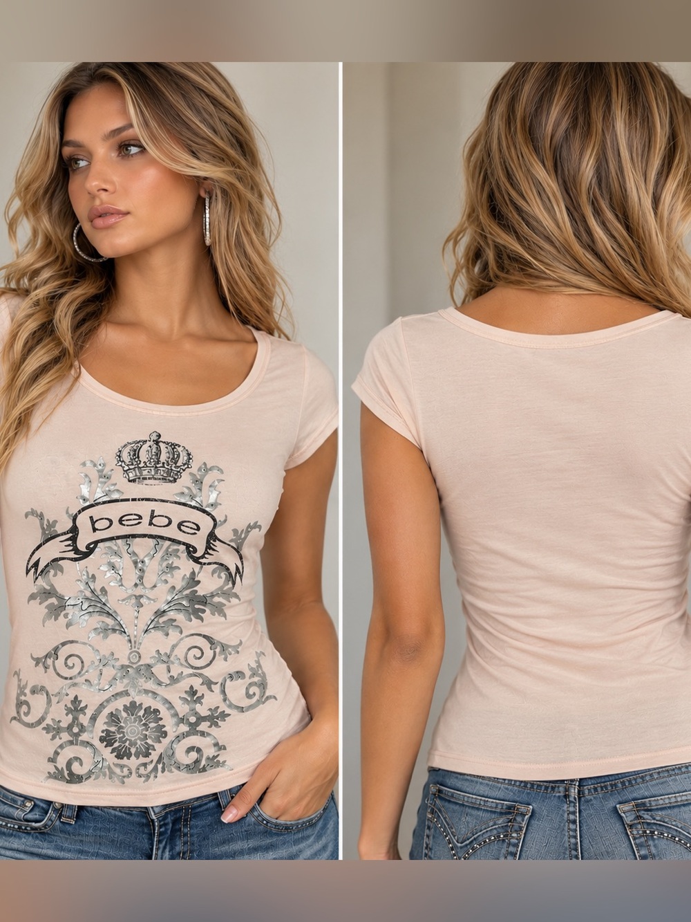 Y2K bebe Pink Rhinestone Crown Damask Graphic Tee Shirt M